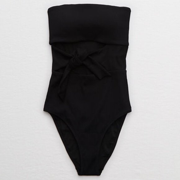 NWT Aerie Ribbed Wrap Strapless One Piece Swimsuit True Black Size Medium - Picture 2 of 3